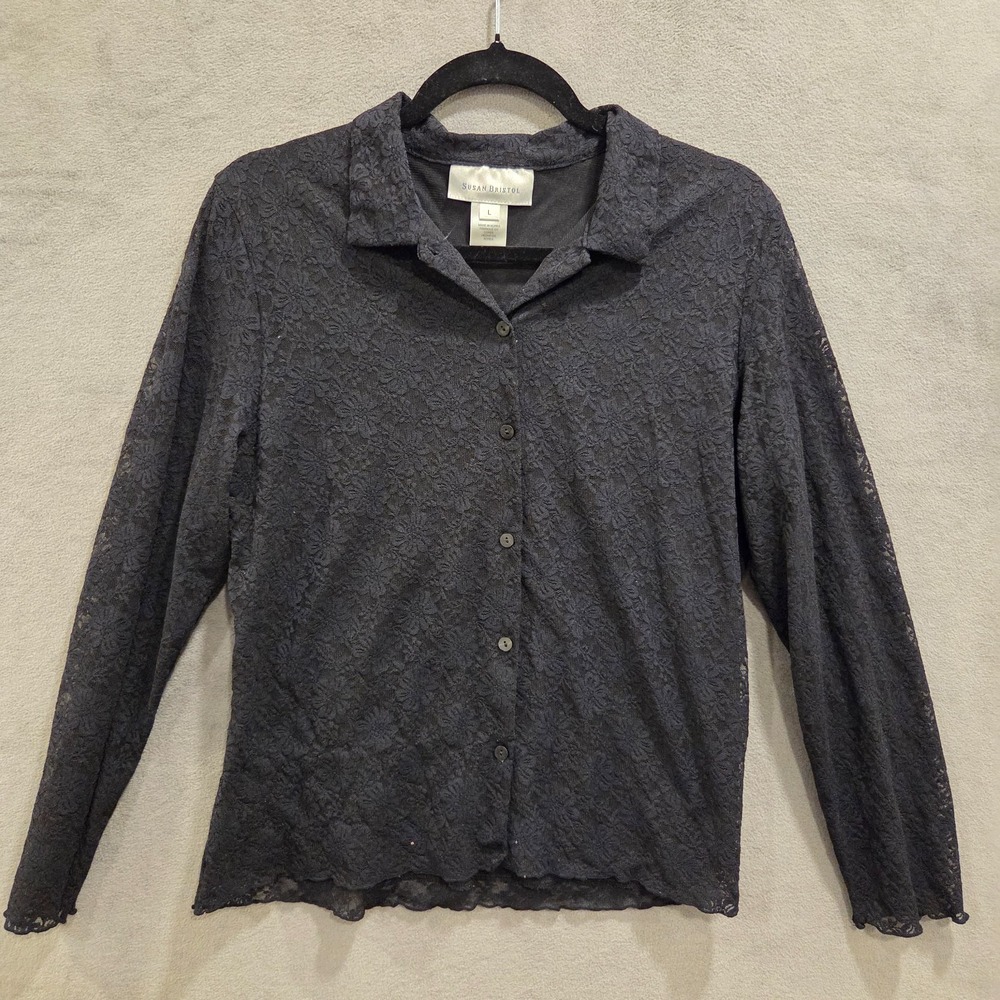 VTG Susan Bristol Black Lace Sheer Top Size L Button Down Shirt 90s Y2K Witchy - Picture 1 of 7